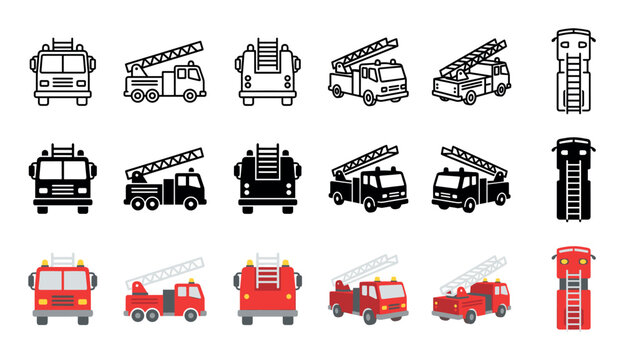 Fire truck icon set in various styles showing the emergency vehicle in outline, solid glyph, and flat color designs from front, side, top, and isometric views