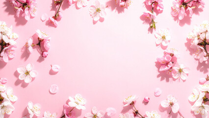 Pink Cherry Blossom Flower Frame on Light Background