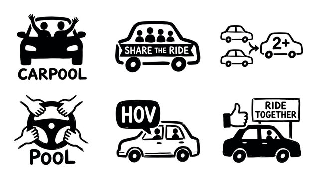 Set of six hand-drawn carpool icons in a simple black and white doodle style illustrating ride sharing, HOV lanes, and sustainable transportation concepts