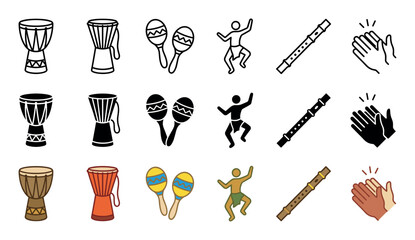 Set of ethnic music and dance icons presented in line, glyph, and full color styles, showing djembe drums, maracas, a traditional flute, a dancer, and clapping hands