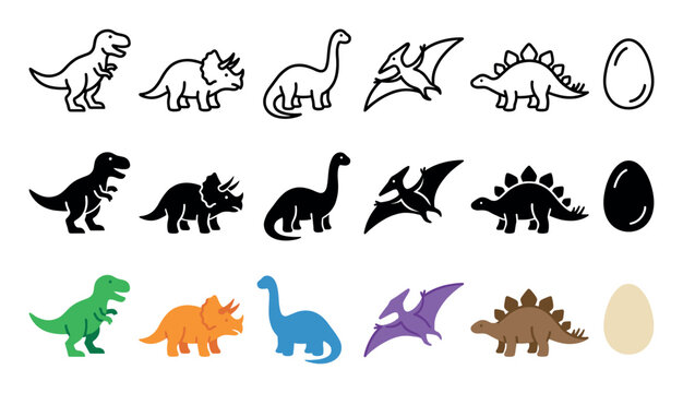Set of simple dinosaur vector icons featuring T-Rex, Triceratops, and Stegosaurus in three different styles: outline, solid black silhouette, and flat color