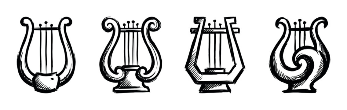 Four ancient Greek lyre musical instruments hand-drawn in a rough black ink sketch style, showing different classic and ornamental designs for music and poetry concepts