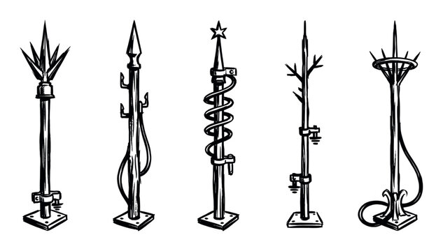 Set of five hand-drawn lightning rods in a sketchy ink style, showcasing various designs of electrical conductors for building protection from a storm
