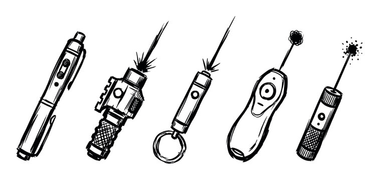 Collection of five different laser pointers in a hand-drawn sketch style, including a pen, keychain, and presenter models, all shown emitting a bright beam of light