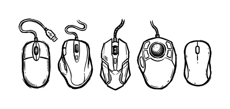 Collection of hand-drawn computer mice including gaming, ergonomic, trackball, and wireless models in a black and white sketch style, representing various computer peripherals