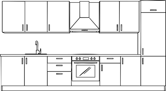 Simple line art vector graphic illustrating a complete modern kitchen cabinet layout design plan.