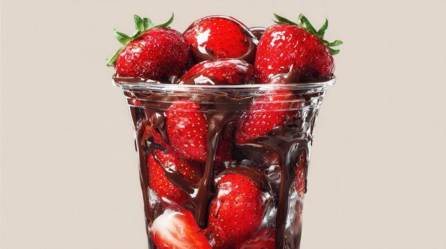 Fresh red strawberries drizzled with rich melted chocolate in a clear cup. Perfect for food blogs, menus, or sweet dessert advertising.