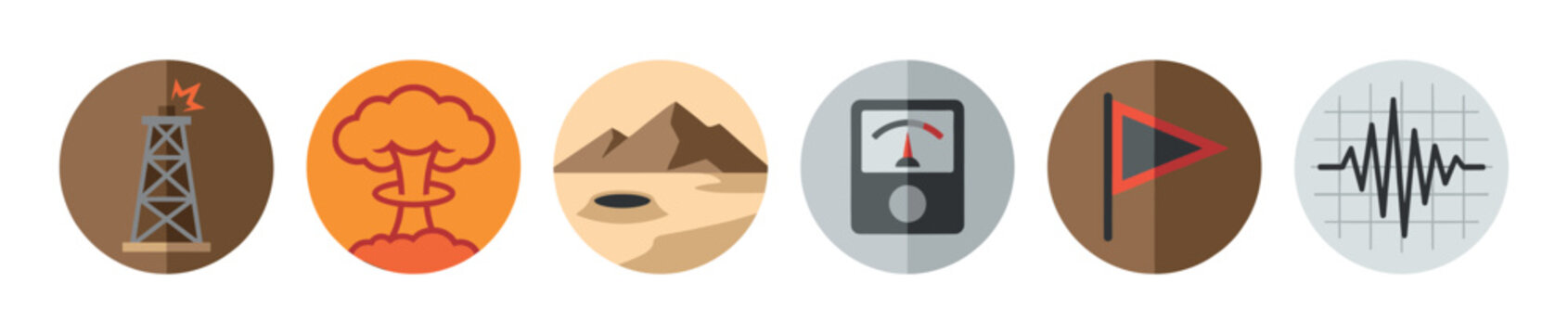 Seismic activity and geology flat icon set showing an oil derrick, mushroom cloud, land subsidence, a seismometer gauge, survey marker, and a seismogram wave reading