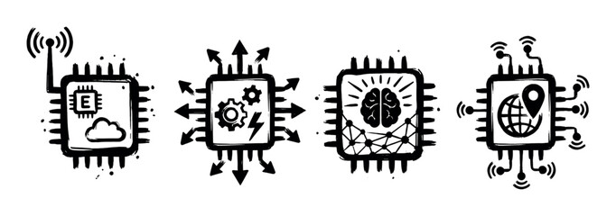 Obraz premium Set of four hand-drawn technology icons in a rough sketch style depicting microprocessors with symbols for AI, cloud computing, IoT, and global data processing
