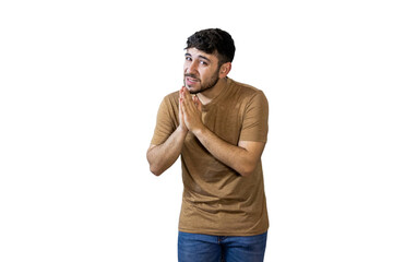 Sly man scheming and plotting, rubbing hands together in anticipation on white background. PNG