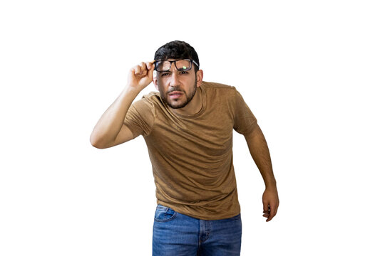 Incredulous man lowering glasses showing disbelief and doubt. PNG