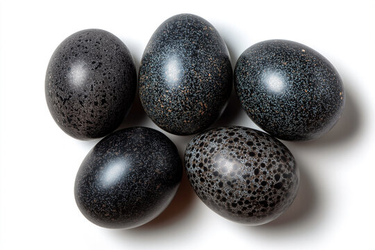 Five large dark green emu eggs with unique speckled patterns isolated on a white background. Exotic natural bird eggs for gourmet food or artistic decoration concept