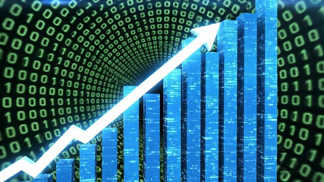 Blue bar graph with green binary code background and white arrow pointing up 4k video