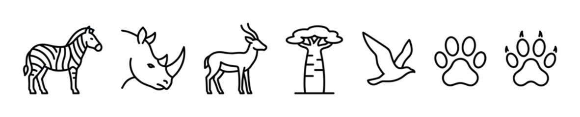 Fototapeta premium Black and white wildlife icon collection featuring a zebra, rhinoceros, antelope, baobab tree, bird, and paw prints drawn in a clean, minimalist, and linear graphic style
