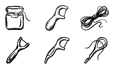 Hand-drawn dental floss and flosser pick icons in a black ink sketch style, a collection of six different oral hygiene tools for teeth cleaning and healthcare concepts