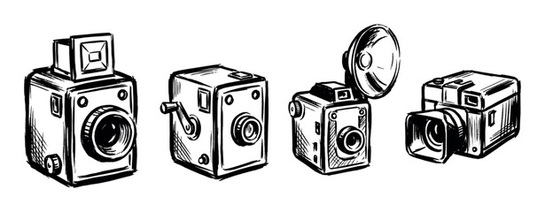 Set of four vintage cameras hand-drawn in a black and white sketchy ink style, showing retro photographic equipment with classic lenses and an old-fashioned flash