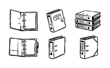 Hand-drawn black and white office ring binders and folders shown open, closed, and stacked, illustrated in a simple doodle style for organizing documents and archives