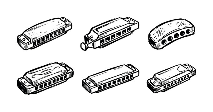 Set of six hand-drawn harmonica illustrations in a black and white sketch style showing different types of the classic blues and folk wind musical instrument