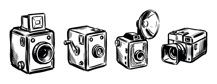 Set of four vintage cameras hand-drawn in a black and white sketchy ink style, showing retro photographic equipment with classic lenses and an old-fashioned flash