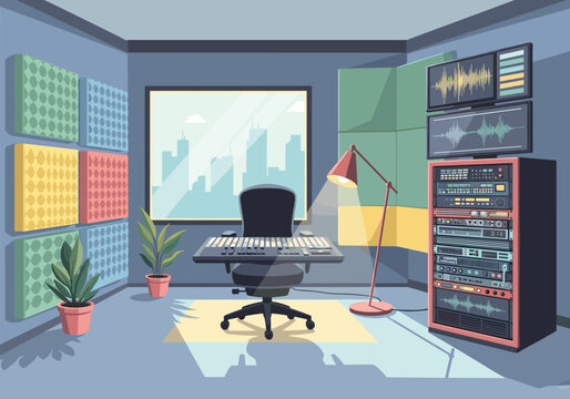 Modern recording studio setup with cityscape view and professional audio equipment