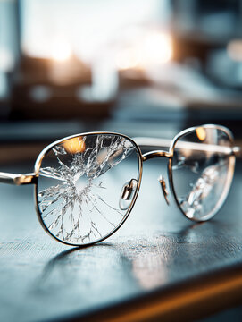 Broken eyeglasses with shattered lenses lying on a wooden table. Conceptual image for vision loss, accident, optical repair, frustration and fragility in a soft sunset light