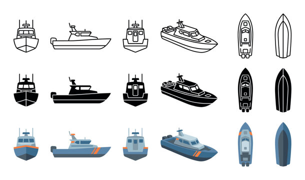 Patrol boat vector icon set showing a coast guard cutter from multiple angles including front, side, top, and isometric views in line, glyph, and flat color styles