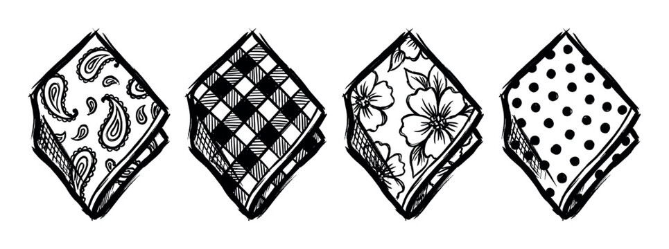 Four black and white hand-drawn handkerchiefs with various patterns including paisley, gingham, floral, and polka dot, presented as a collection of sketched textile designs