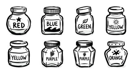 Fototapeta premium Collection of hand-drawn ink jars with color labels in a charming sketch style illustration, featuring red, blue, green, yellow, purple, and orange for art supplies