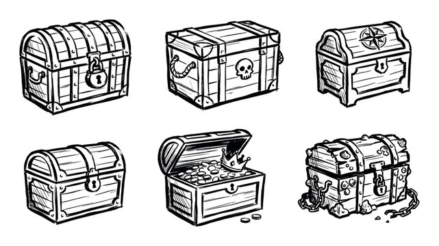 Hand-drawn set of six pirate treasure chests in a black and white sketch style, featuring an open box with gold, a locked chest, and a sunken one with barnacles