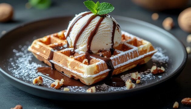 Luxury Warm Belgian Waffle with Vanilla Ice Cream and Chocolate Syrup for International Waffle Day