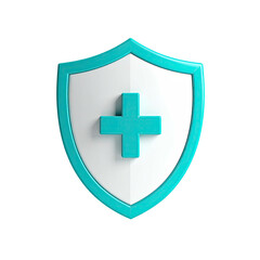 Obraz premium Turquoise shield with white center bearing a plus symbol against black background