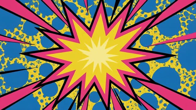 Vibrant comic book style explosion with yellow starburst and pink rays on blue spotted background 4k video