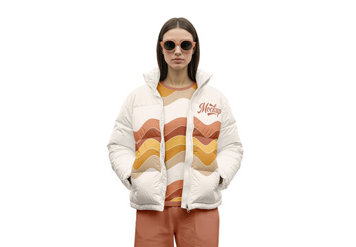 Woman Wearing A Puffer Jacket Mockup