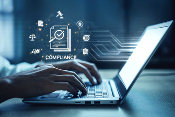 Concept of corporate compliance and risk management. Adhering to legal regulations and internal...