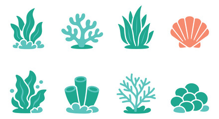 Fototapeta premium Flat icon set of 8 underwater elements featuring seaweed, coral, shells and sea plants for ocean design