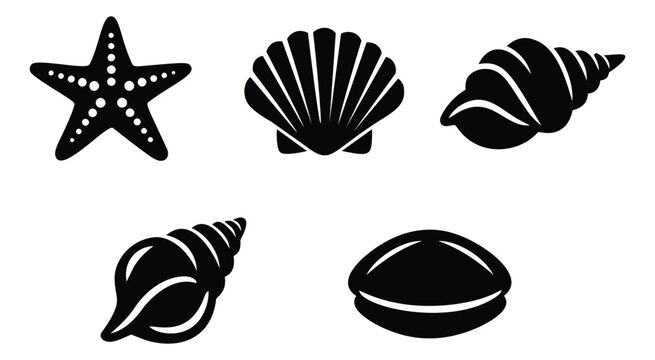 Silhouette icon set of 5 sea creatures featuring starfish, scallop, conch, spiral shell and clam for beach design