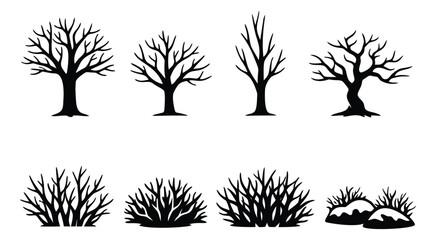 Silhouette icon set of 8 bare trees and bushes featuring leafless branches and winter shrubs for seasonal nature design