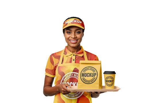 Fast Food Worker In Uniform With Paper Bag And Coffee Cup Mockup