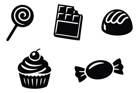 Silhouette icon set of 5 sweet treats featuring lollipop, chocolate bar, truffle, cupcake and wrapped candy for confectionery design