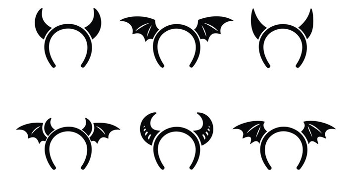 Silhouette icon set of 6 Halloween headbands featuring devil horns and bat wings for costume and party design