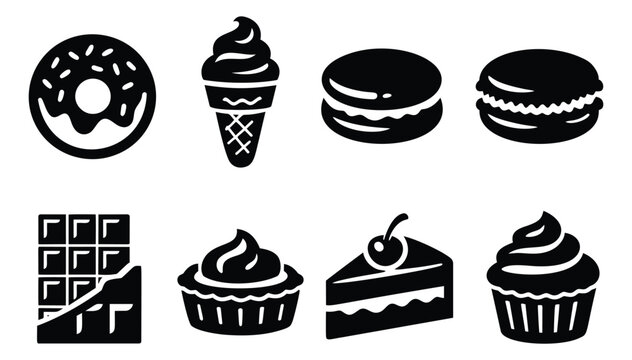 Silhouette icon set of 8 sweet desserts featuring donut, ice cream, macaron, burger, chocolate, cupcake, pie slice and muffin for bakery design