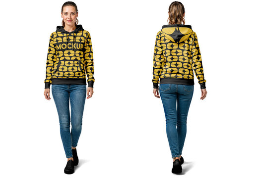 Hoodie Mockup Female Model Walking