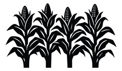 Naklejka premium Silhouette icon set of 4 corn stalks featuring tall maize plants with ears and leaves for agriculture design