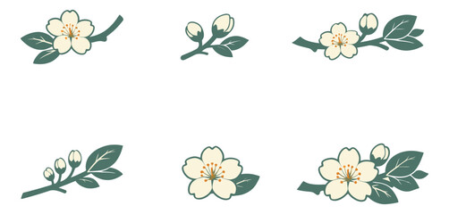 Flat icon set of 6 cherry blossom branches featuring flowers buds and leaves for spring botanical design
