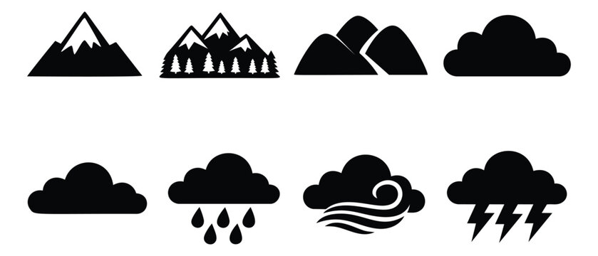 Silhouette icon set of 8 nature and weather symbols featuring mountains, forest, clouds, rain, wind and storm for outdoor and forecast design