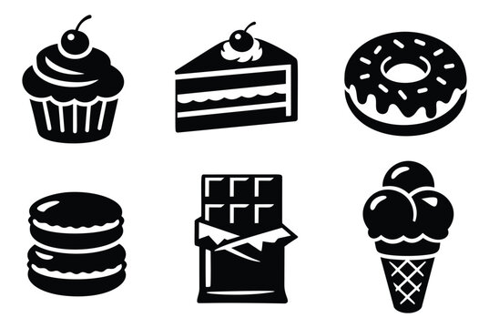 Silhouette icon set of 6 sweet desserts featuring cupcake, cake slice, donut, macaron, chocolate bar and ice cream for bakery design
