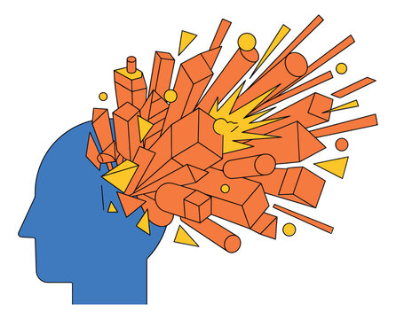 Flat illustration of exploding human head silhouette depicting creative mind burst with geometric shapes for psychology and business design