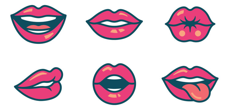 Cartoon icon set of 6 feminine lips featuring smiling, kissing, open mouth and tongue expressions for beauty design
