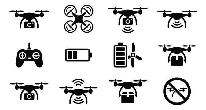 Silhouette icon set of 12 drone symbols featuring quadcopter, delivery, camera, battery, remote control and no fly zone concepts for aviation design