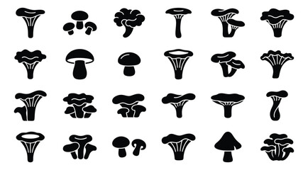 Naklejka premium Silhouette icon set of 24 mushrooms featuring chanterelle, oyster, porcini and wild fungi varieties for food and nature design